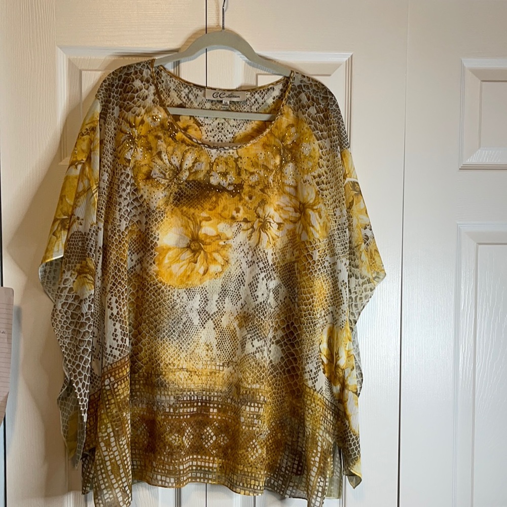 Woman Blouse yellow  gold bee hive  print and flower.